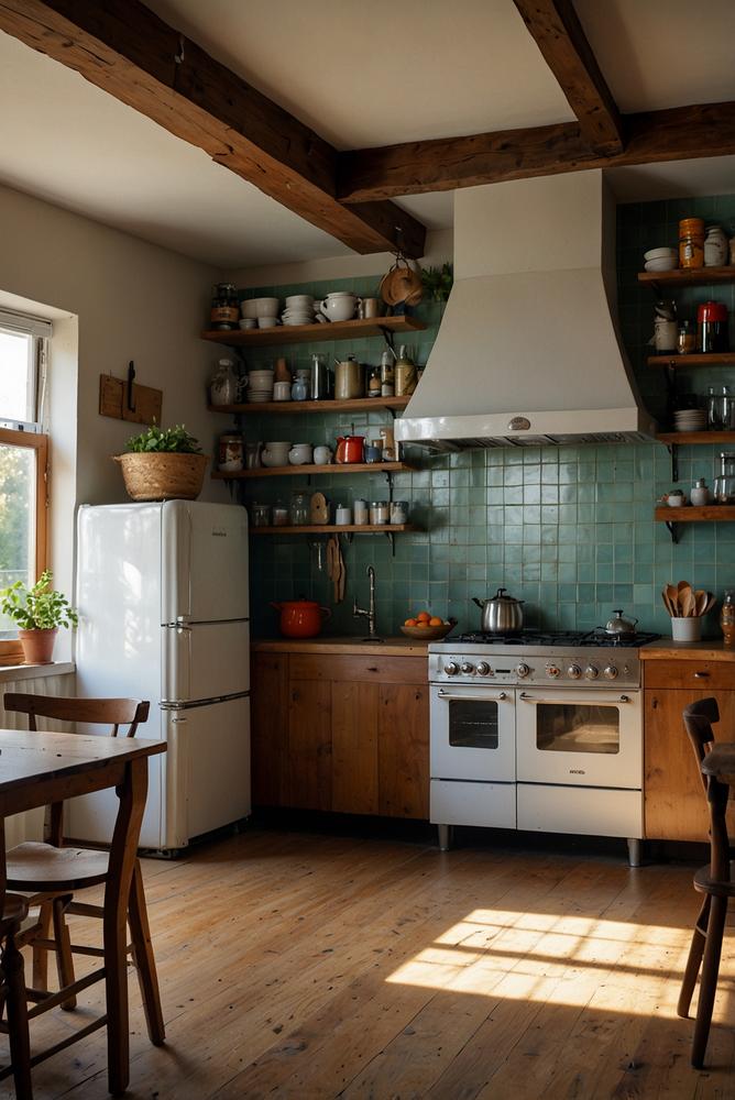 Wohnliche Küche mit Vintage-Geräten und Handwerksdetails