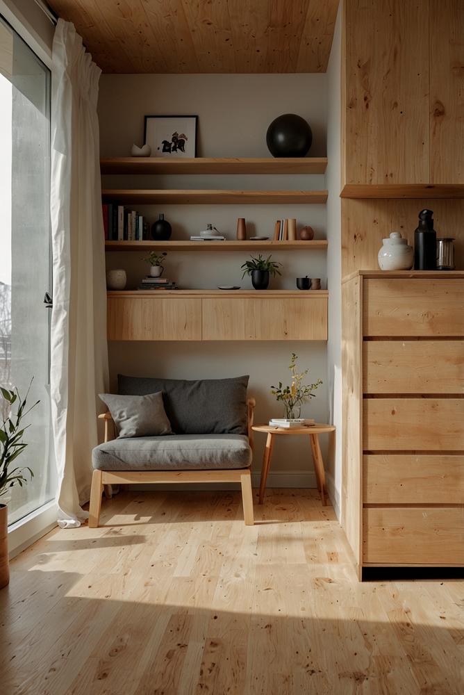 Heller Wohnraum mit funktionaler Kiefernholz-Aufbewahrung