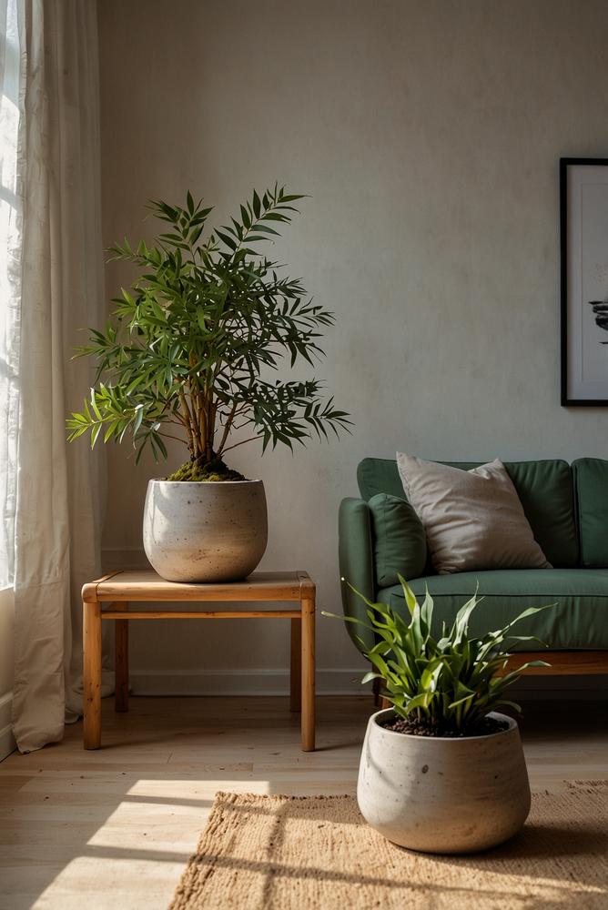 Hell und freundlich gestalteter Wohnraum mit Pflanzen und Bambus