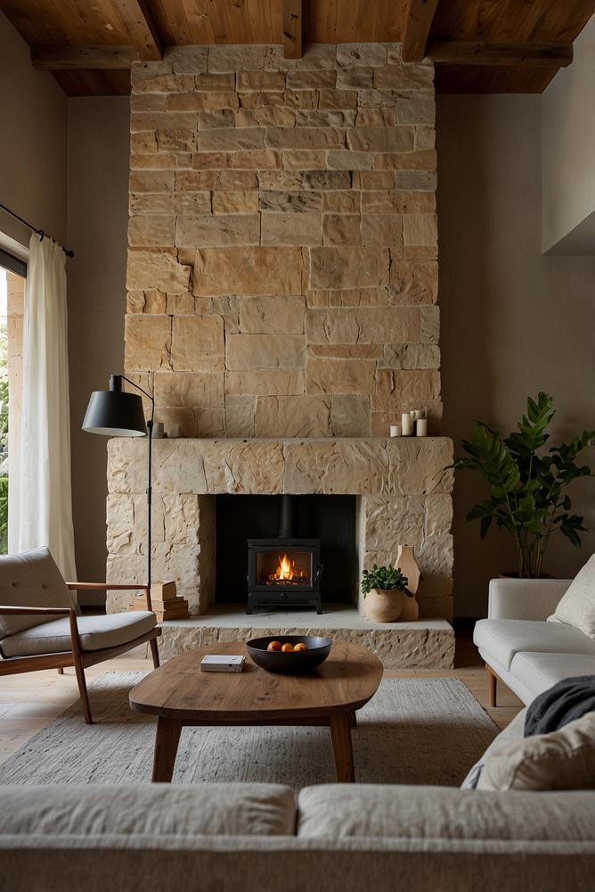 Heller Wohnraum mit Kamin und skandinavischem Sofa