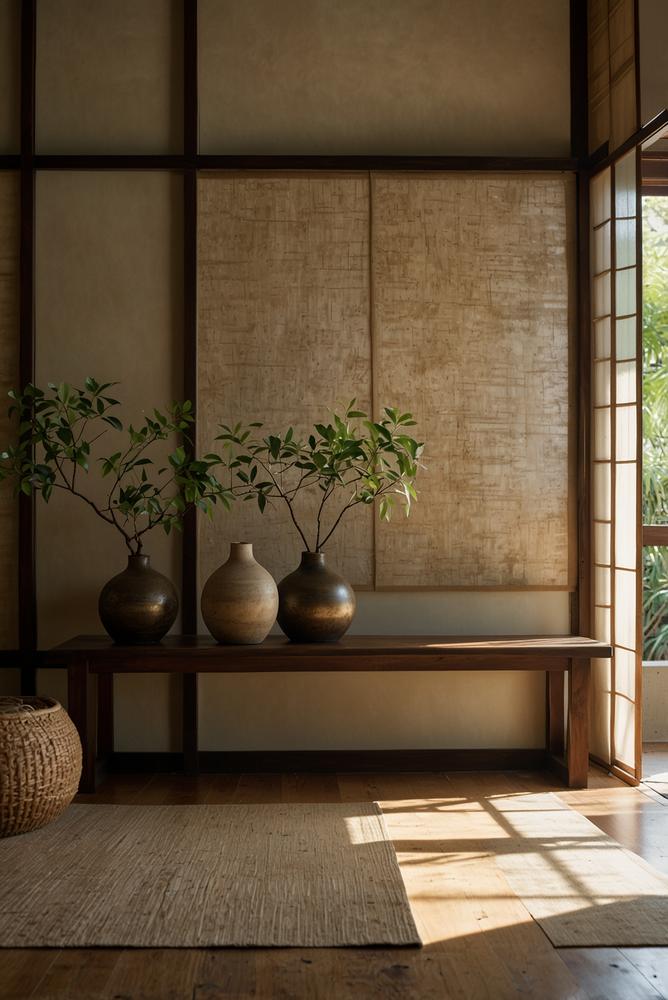 Wohnraum mit Shoji-Elementen und texturiertem Wandputz, hell und modern