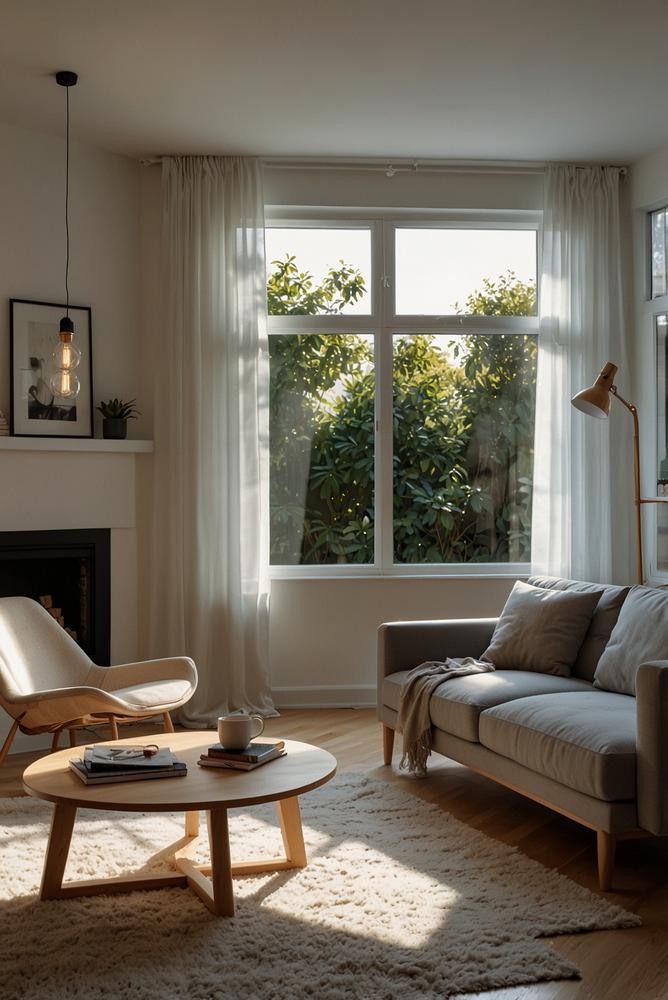 Modernes Wohnzimmer mit tunable-white Beleuchtung hell und einladend
