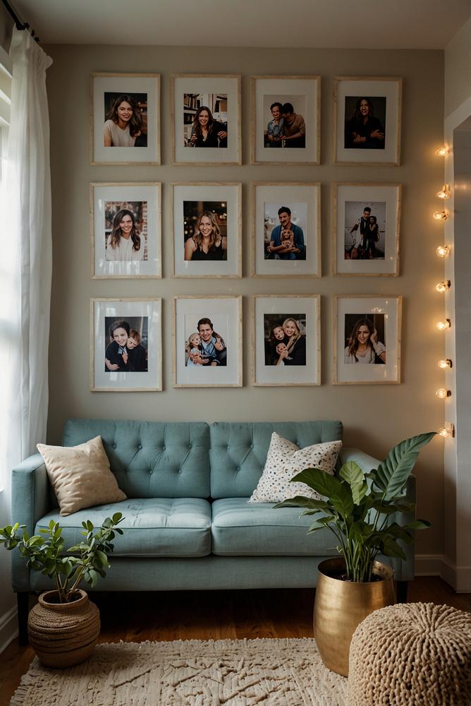 Helle Fotowand mit LED-Lichterketten und Fotos