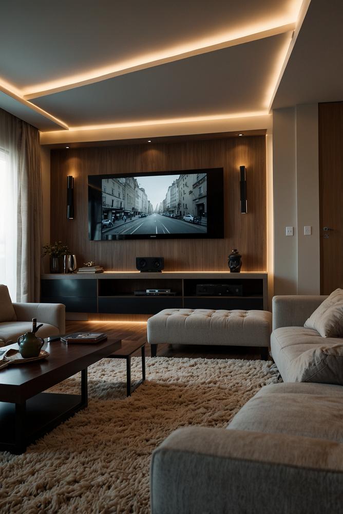 Helles wohnzimmer mit heimkino und akzentuierter beleuchtung