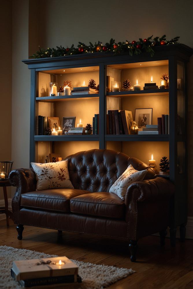 Beleuchtetes adventsbuecherregal im wohnzimmer warm und einladend