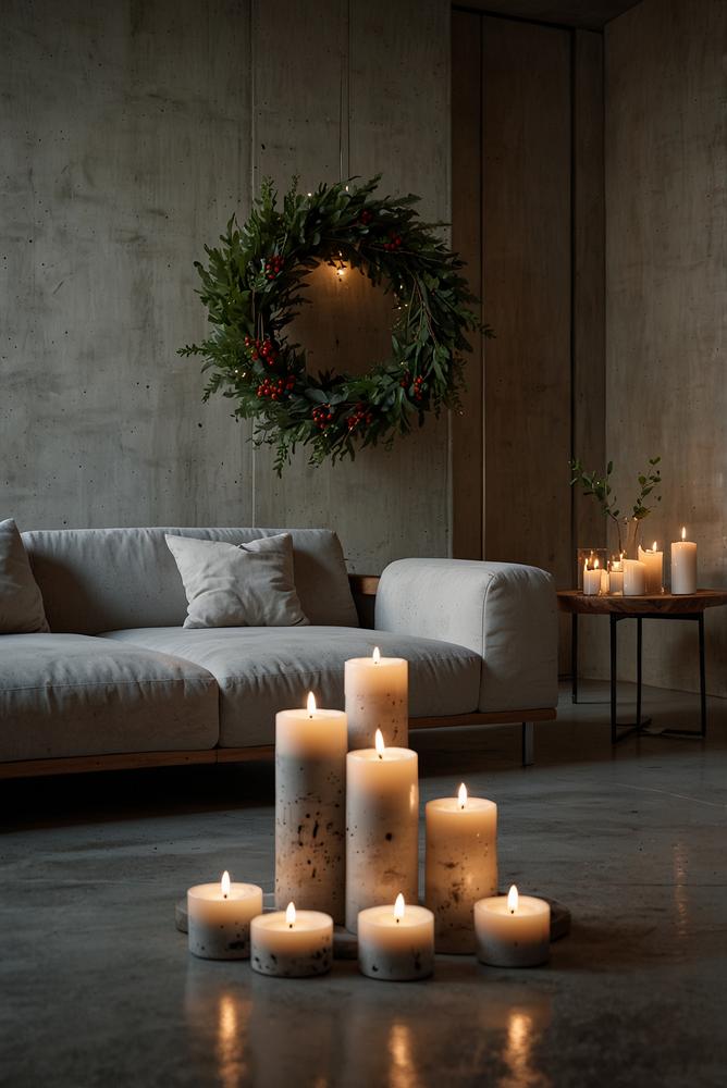 Minimalistischer Adventskranz aus Beton mit Kerzen