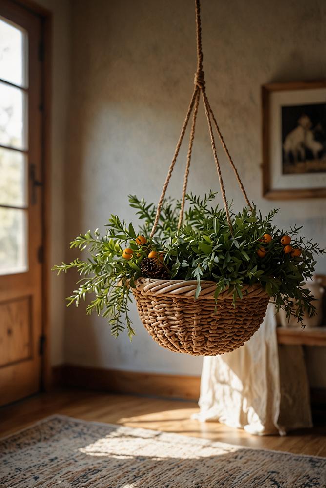 Hängender Korb-Adventsteller mit Tannengrün in Boho-Deko