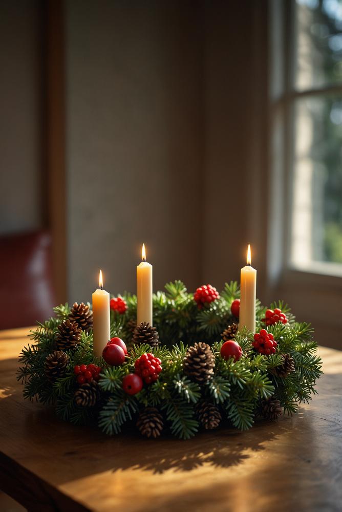 Heller Adventskranz mit Echtwachslichtern in modernem Raum