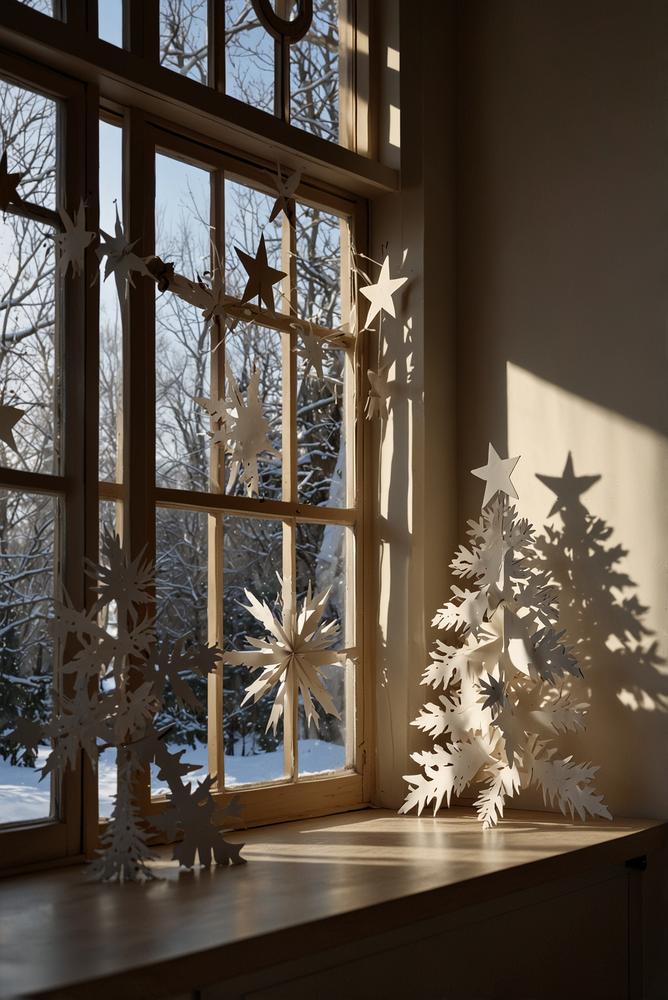 Weiße Scherenschnitt Fensterbilder zur Adventsdeko