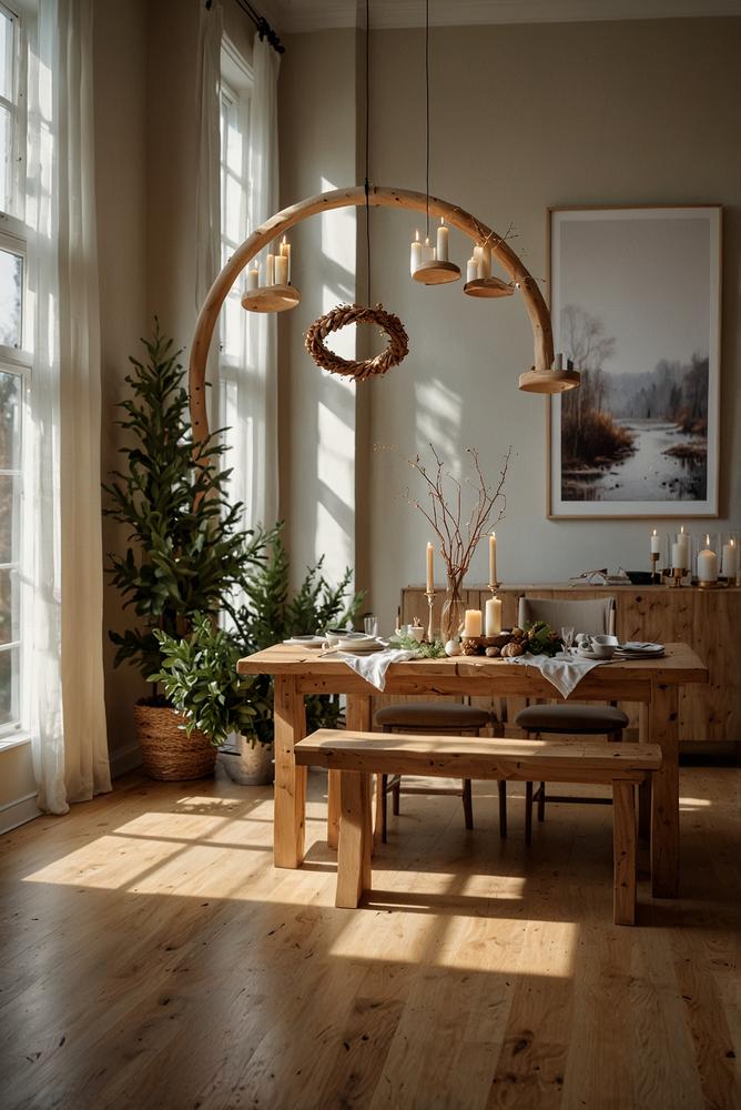 Hängender Holzring Adventskranz minimalistisch über Tisch