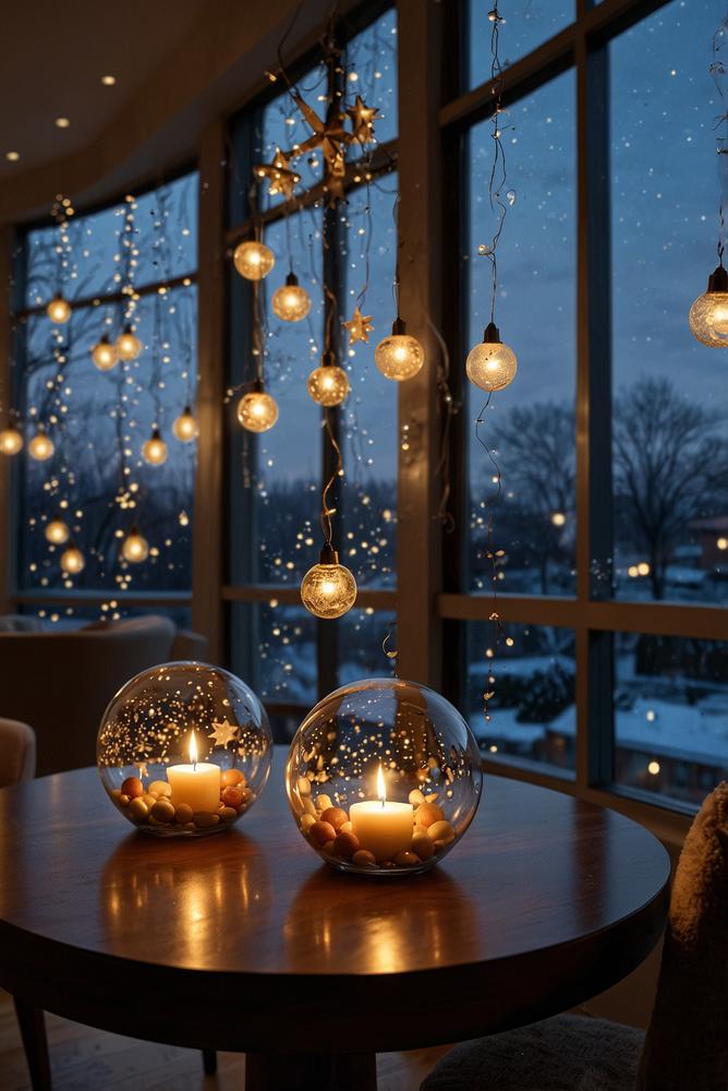 Helle Adventsdeko mit Glasornamenten am Fenster