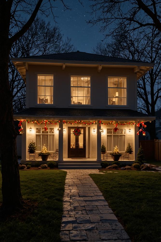 Hausfassade mit warmer Adventsbeleuchtung und Dekoration