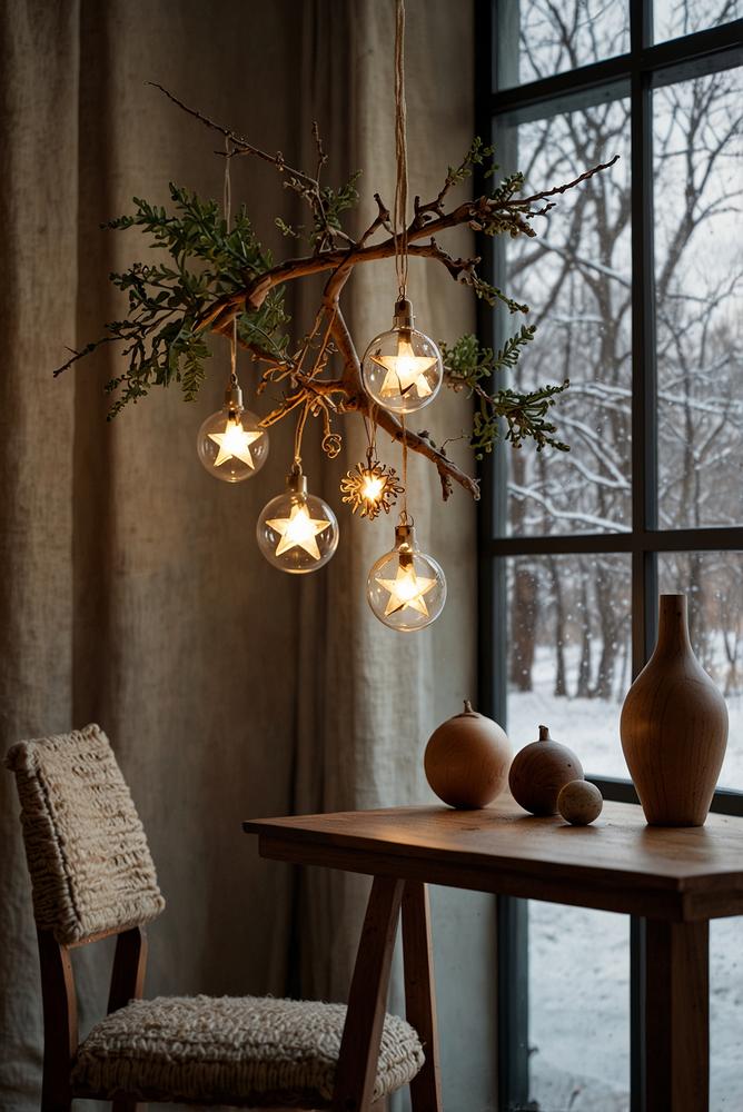 Helle hängende Holzanhänger an einem Zweig zur Adventszeit