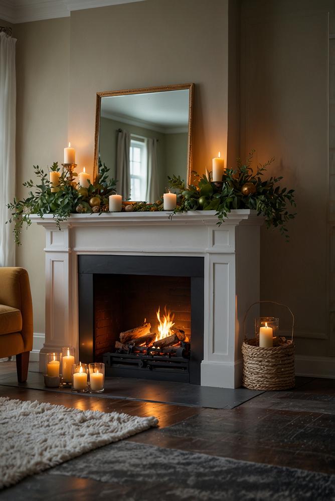 Kamin mit Spiegelhintergrund und Adventsdeko hell und einladend