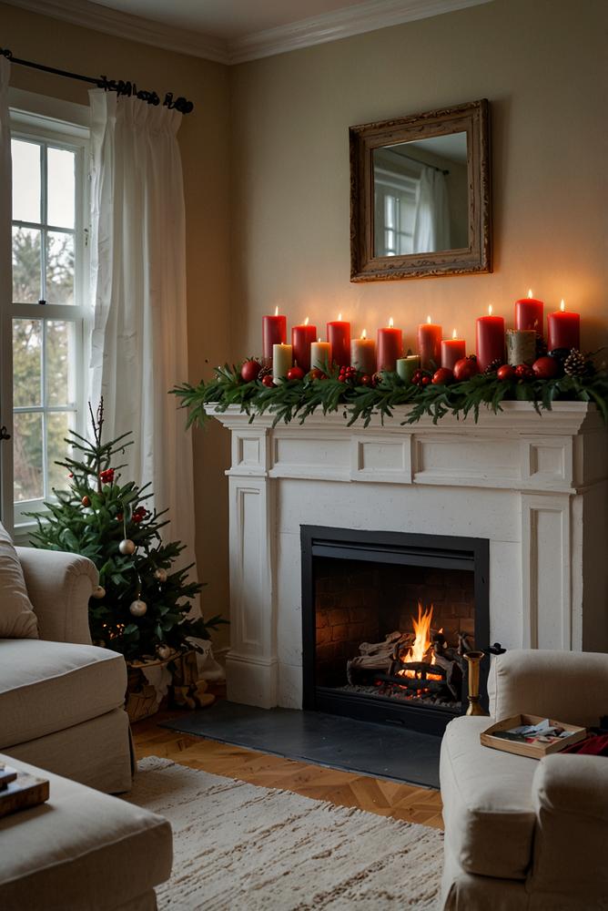 Kamin mit festlicher Tannengirlande und Kerzenlicht