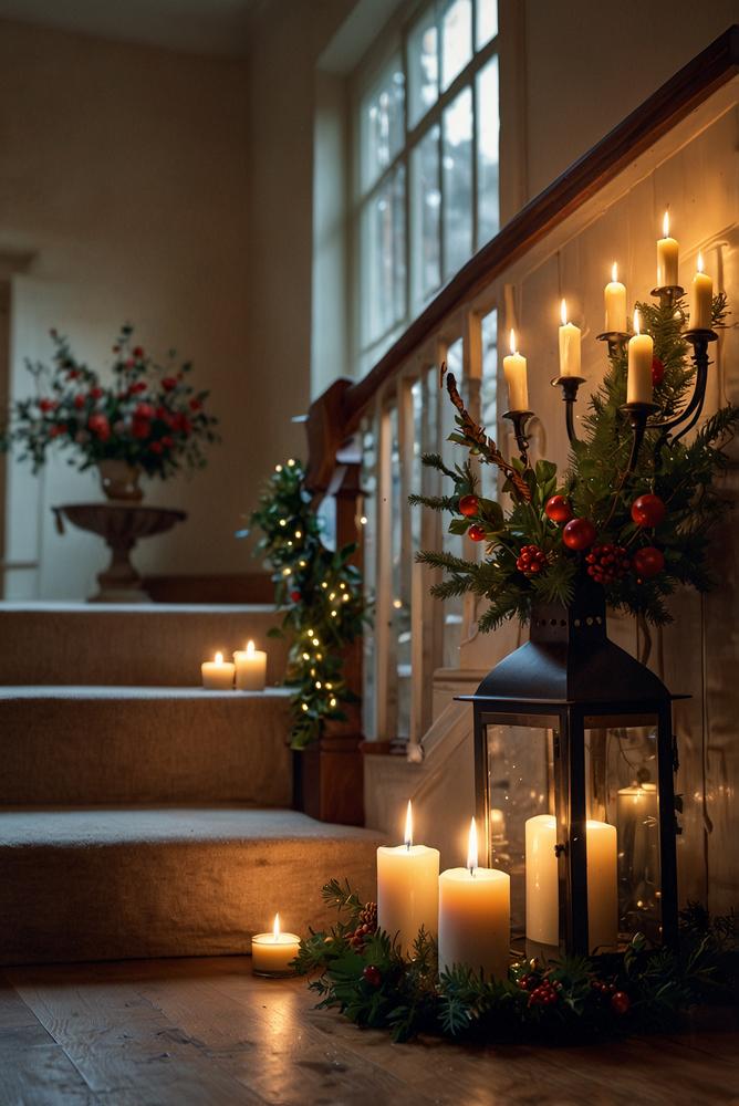 Treppenhaus mit Adventskerzen in Glaslichtern sicher dekoriert