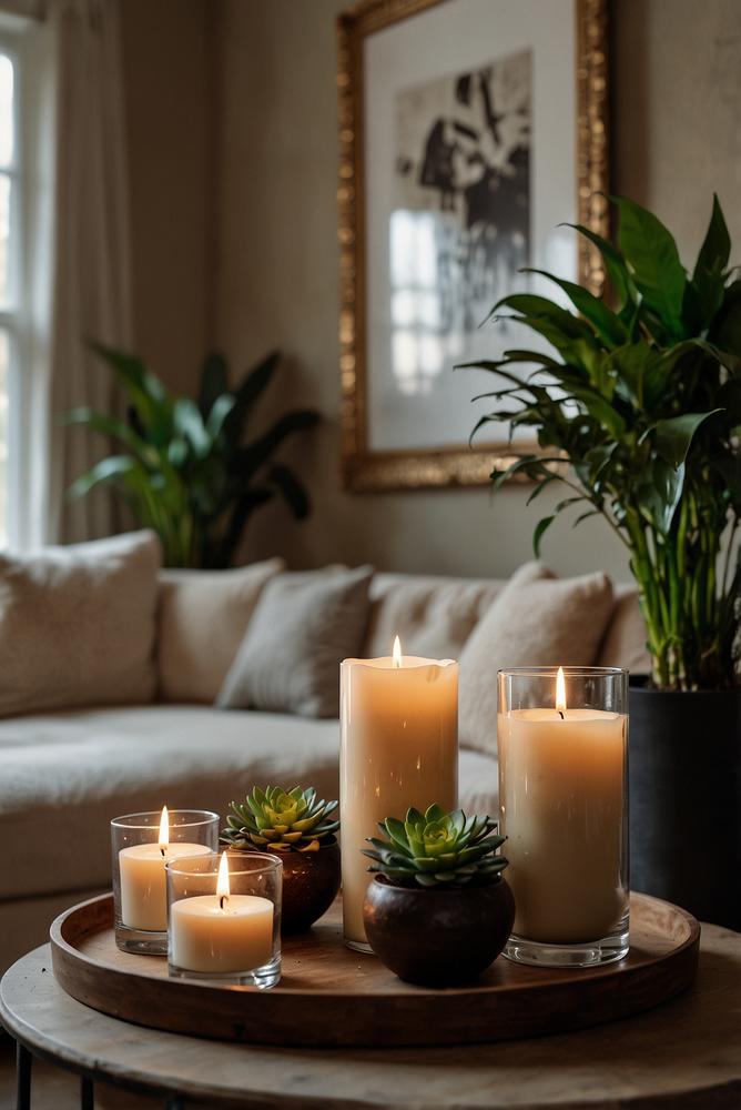 Helle Adventsdeko mit Kerzen sicher im Regal arrangiert