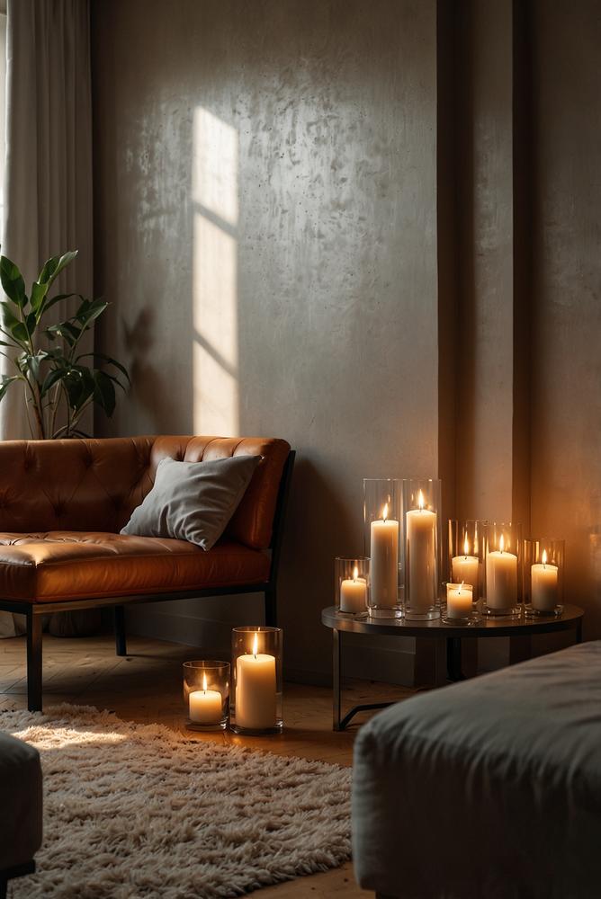 Helle Adventsdeko mit Kerzen vor Spiegeln im Wohnzimmer