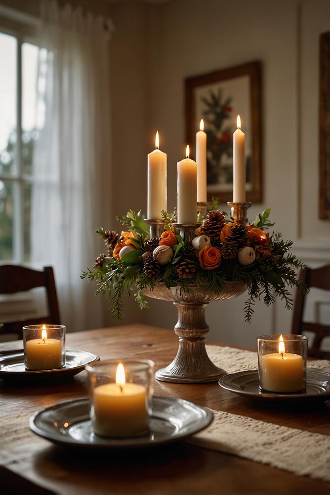 Kerzenarrangement mit Adventsdeko am Esstisch hell und einladend