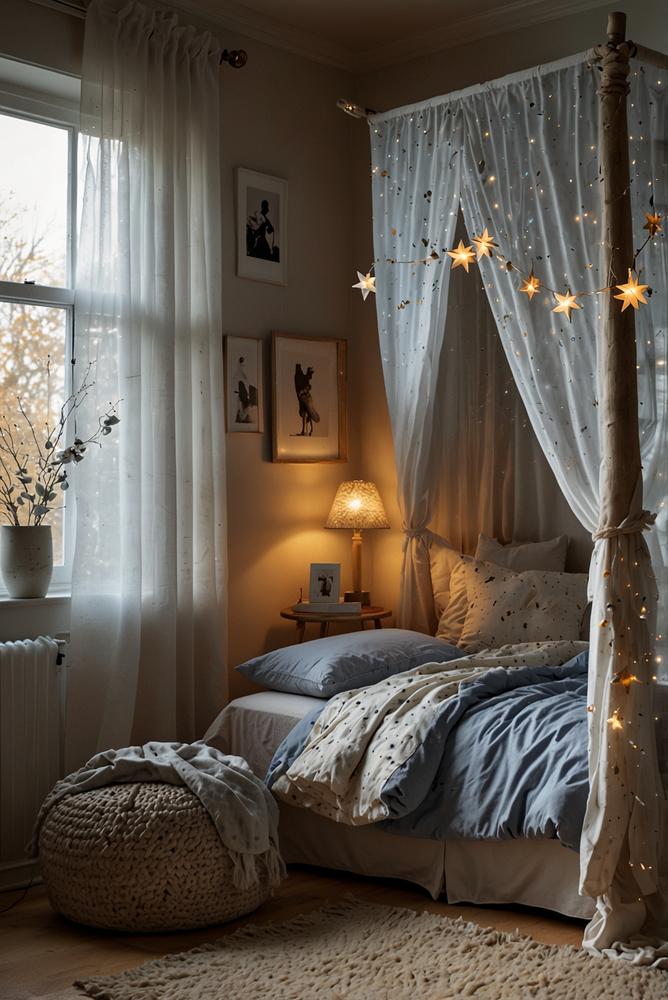 Kinderzimmer Betthimmel mit Adventsdeko und Sternenlicht