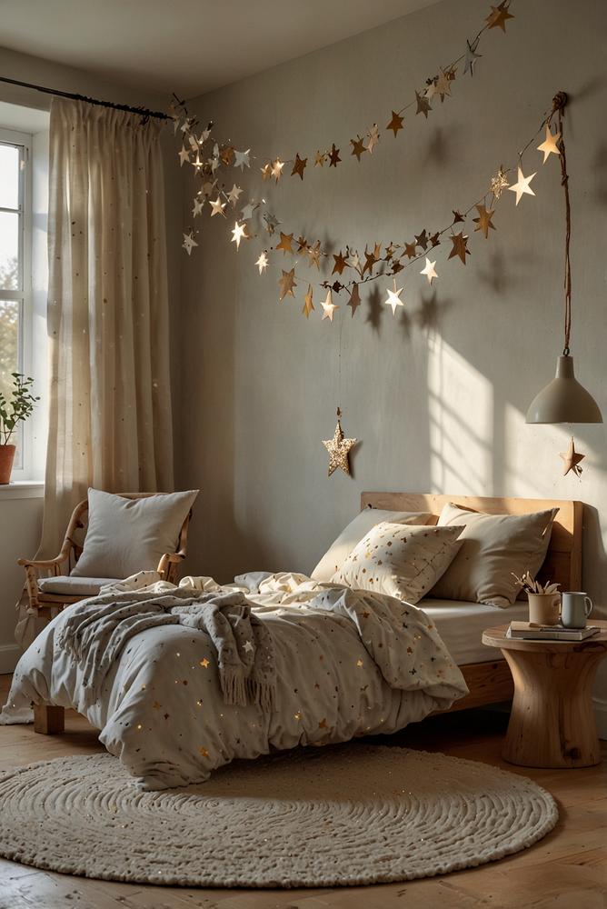 Helles Kinderzimmer mit Sternengirlande und ruhigen Farben