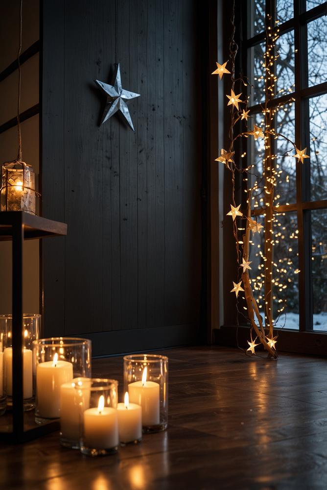 Laternen mit Adventsdeko am Eingangsbereich, warmes Licht