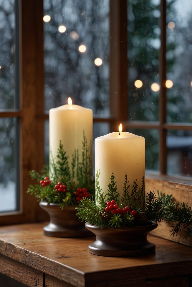 Helle Adventsdeko mit LED-Kerzen auf Fensterbank