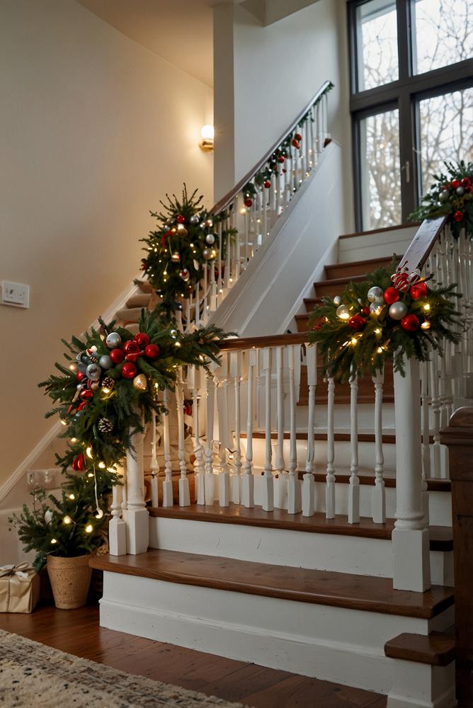 Adventsdeko mit Lichtergirlande am Treppengeländer hell und freundlich