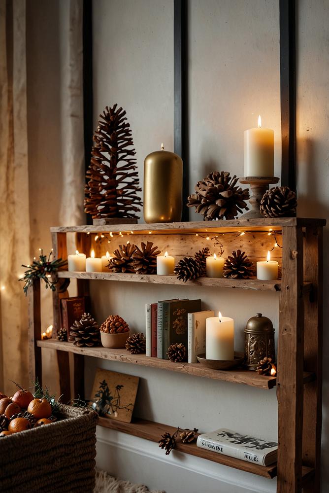 Helles Regal mit Adventsdeko und warmen Mini-Lichterketten