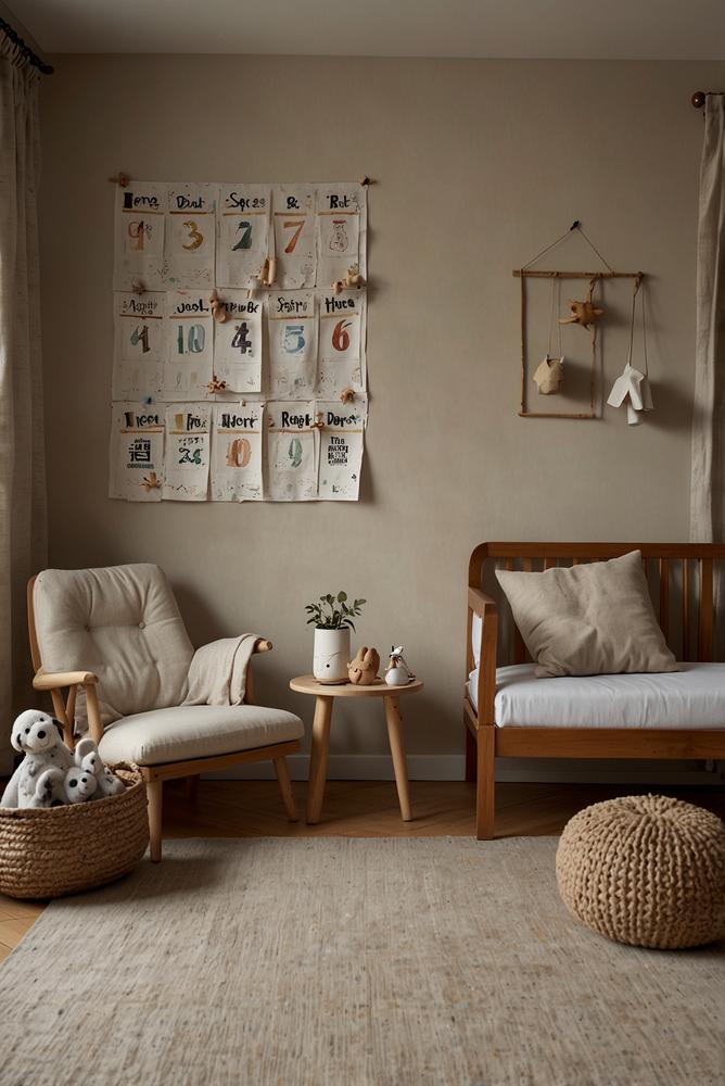 Kinderzimmer mit ruhigem Leinen Adventskalender in Naturfarben