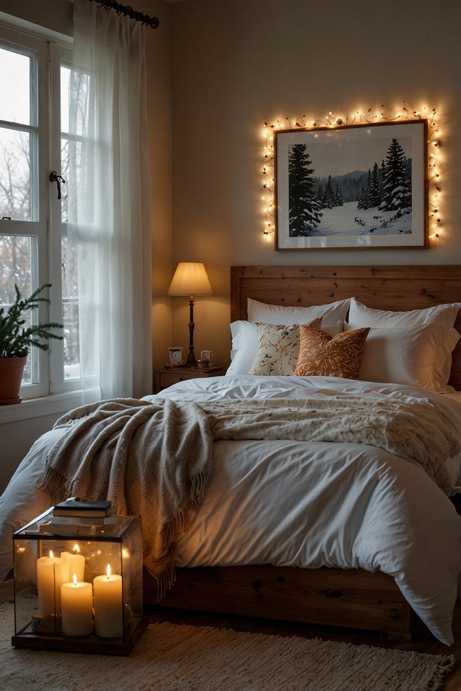 Schlafzimmer mit sanfter Adventsbeleuchtung und Deko