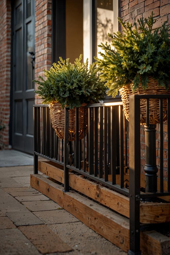 Solarlichter und Tannenzweige in Balkonkasten im Advent