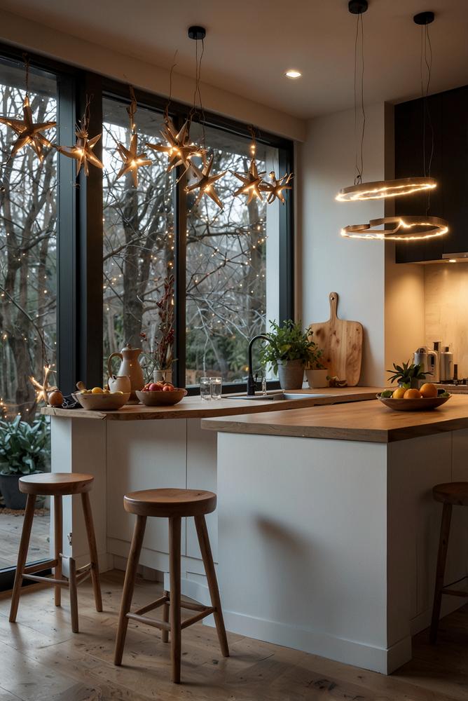 Helle Adventsdeko mit Sternenlichtern im Küchenfenster