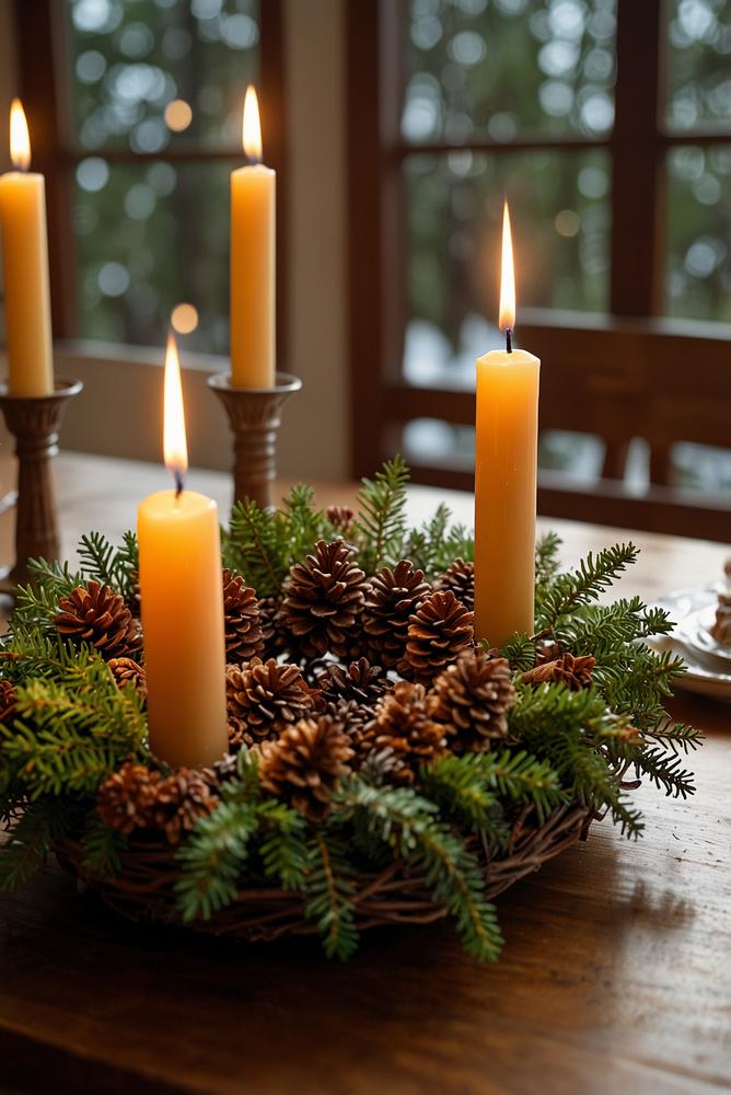 Heller Adventskranz aus Tannenzweigen am Esstisch