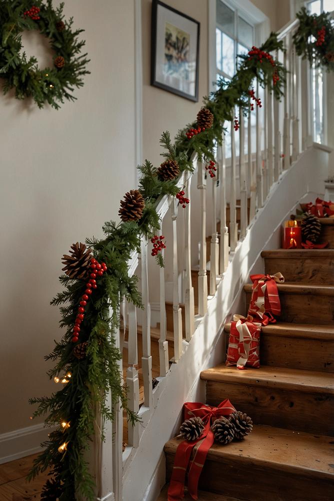Treppenstufen dekoriert mit Tannenzweigen und Zapfen in hellem Licht