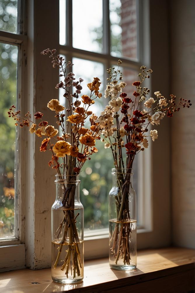 Lichtdurchflutetes Fensterbank-Arrangement mit Trockenblumen in Reagenzgläsern