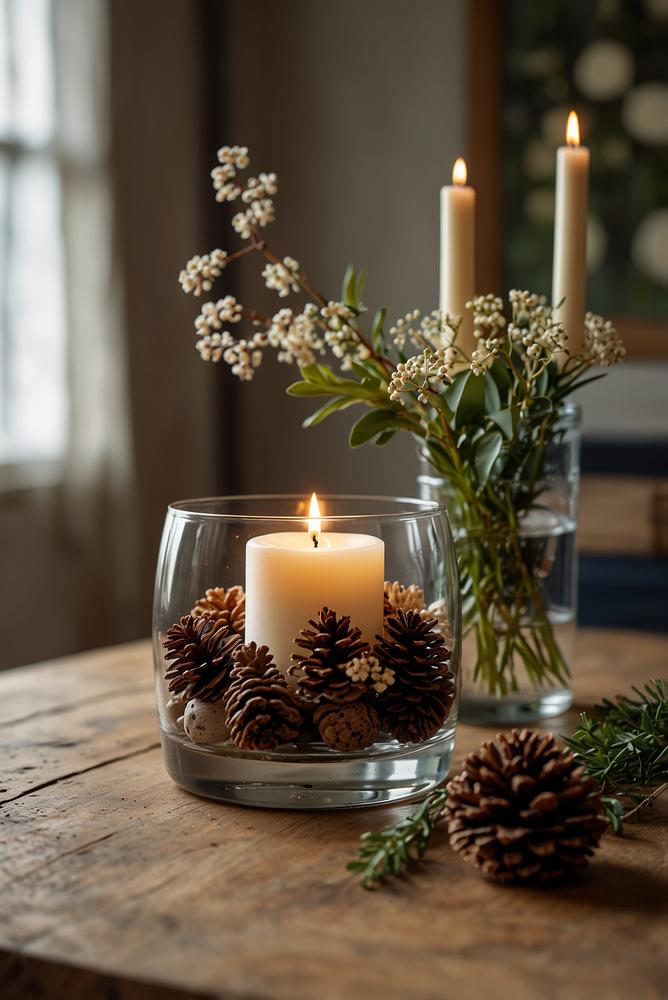 Adventsgesteck im Glas mit Trockenblumen, hell und einladend