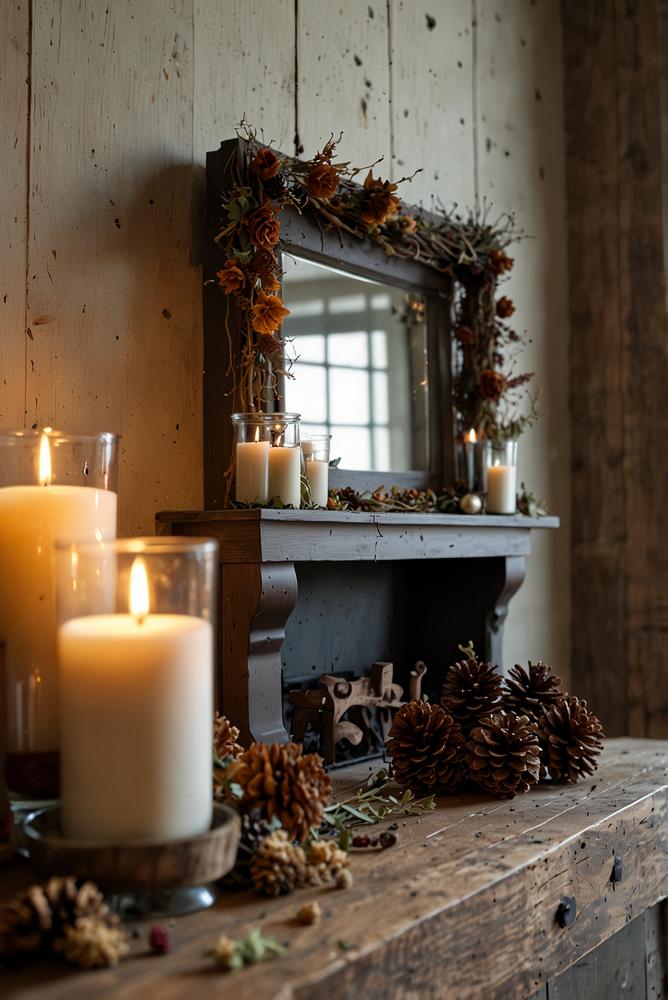 Kaminaufsatz mit Trockenblumen und rustikalem Holz hell und einladend