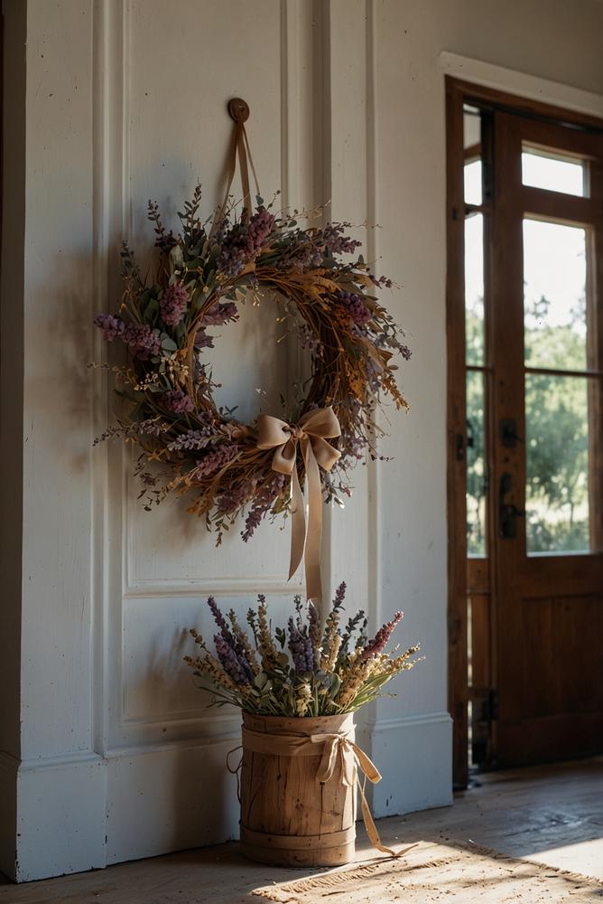 Türhänger aus Trockenblumen und Leinenband hell und freundlich