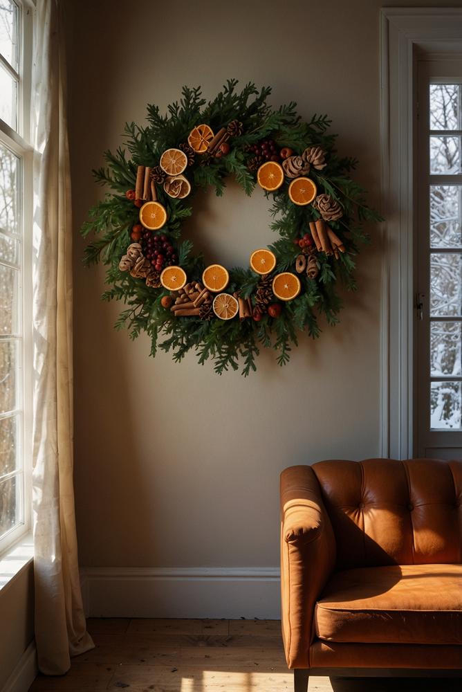 Wandbild aus Tannenzweigen und getrockneten Früchten Weihnachten