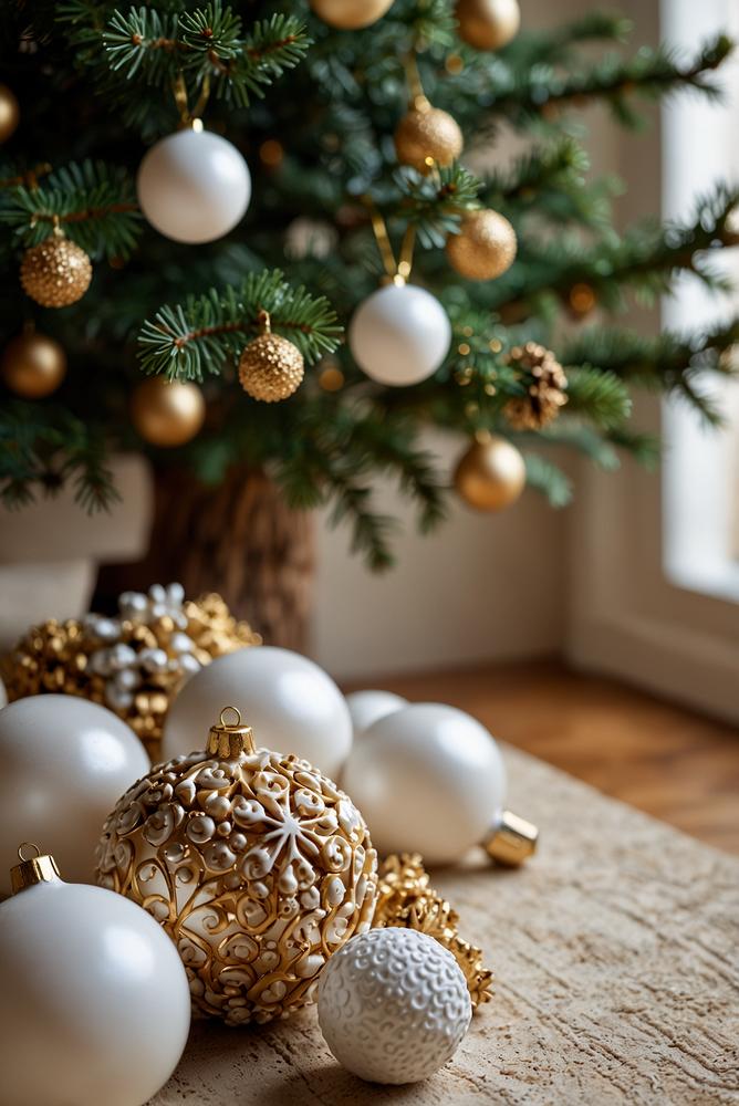 Weihnachtsbaum mit weißer Keramik und goldenen Ornamenten