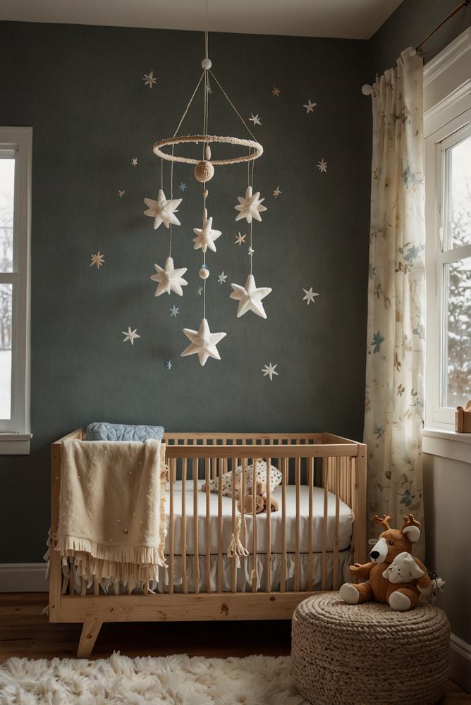 Mobile mit Wintermotiven über dem Wickeltisch im Kinderzimmer