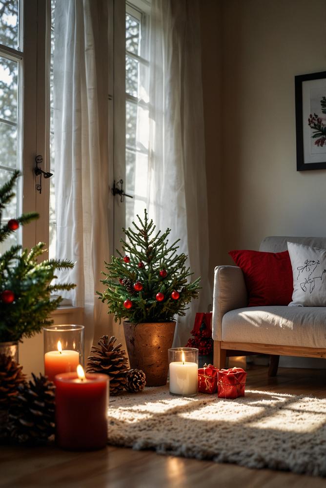 Sichere Adventsfensterbank mit LED-Kerzen und Tannengrün