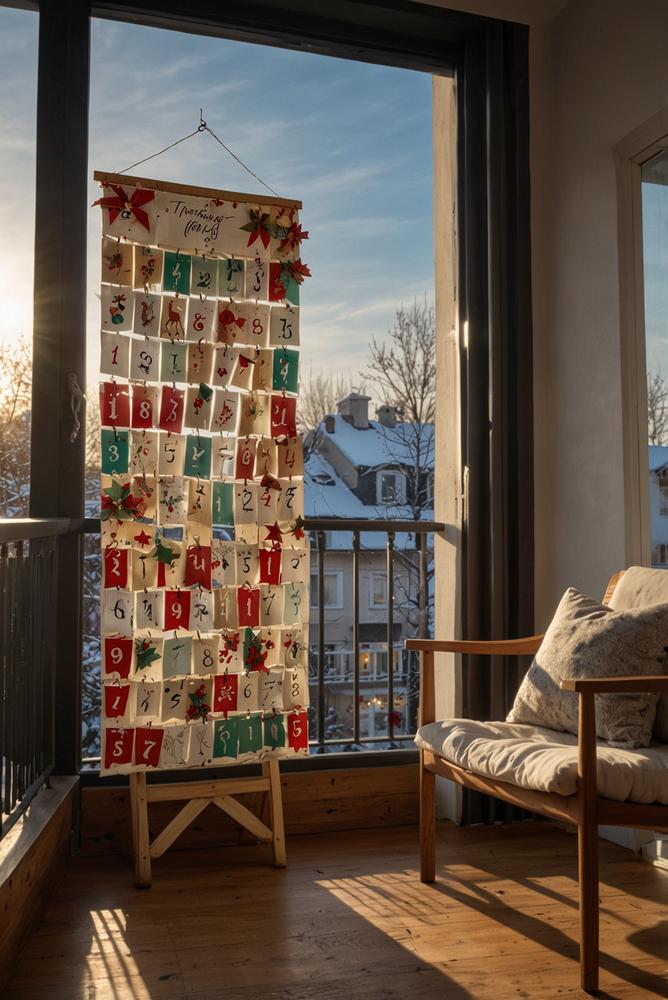 Witterungsbeständiger Adventskalender an Balkontür im Sonnenlicht