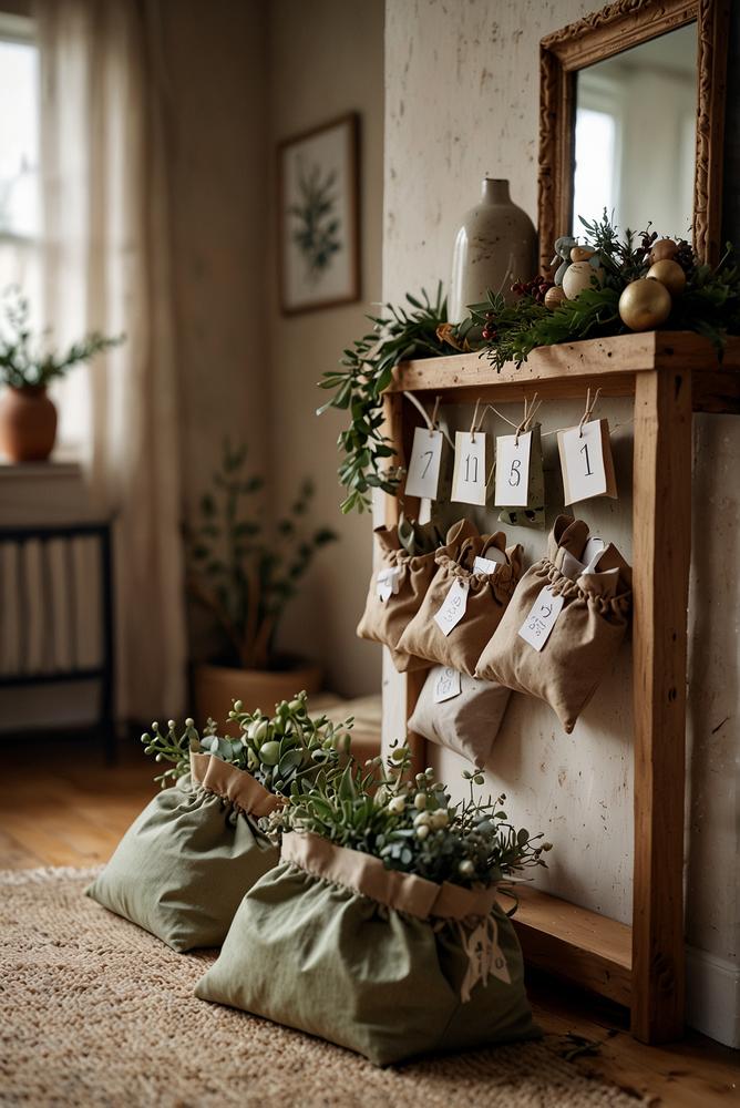 Adventskalender-Säckchen mit getrockneten Blumen in hellem Raum