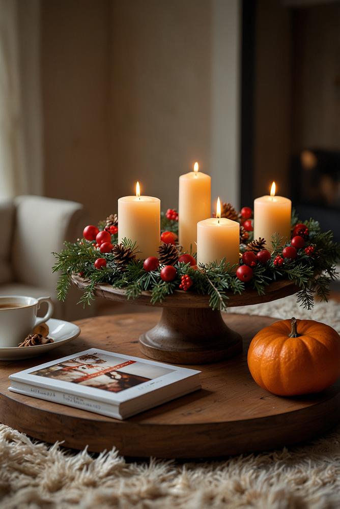 Adventskranz auf Couchtisch im Wohnzimmer hell und einladend
