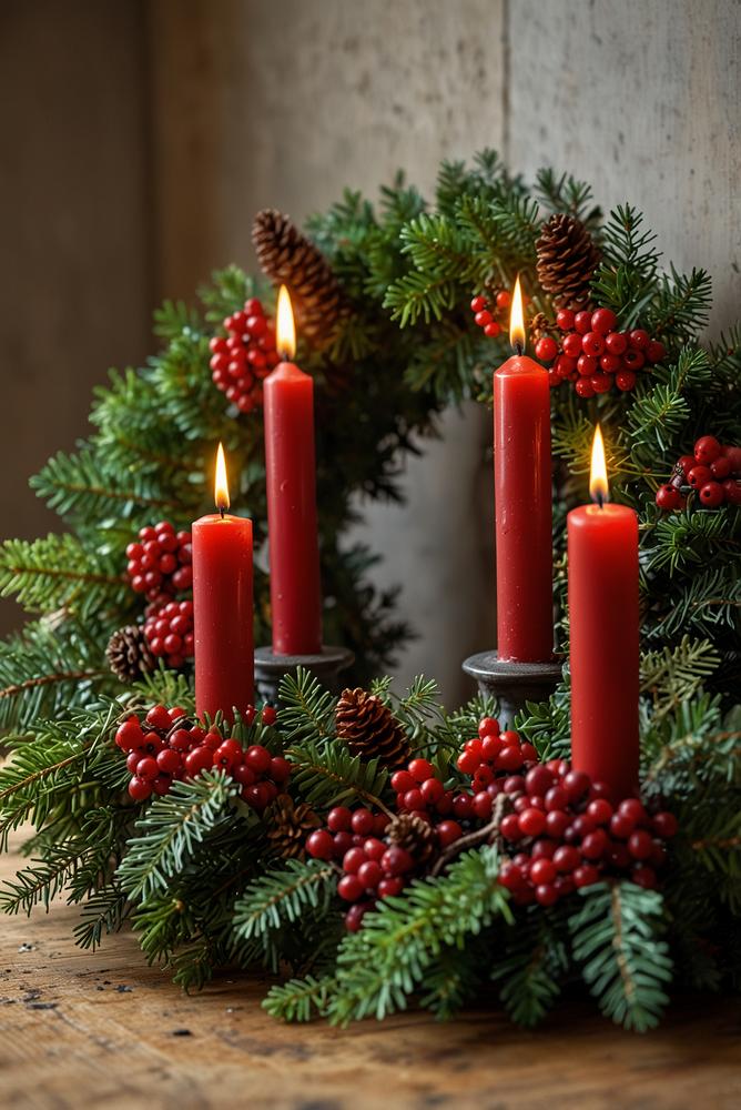 Adventskranz aus Tannengrün mit roten Kerzen und Beeren