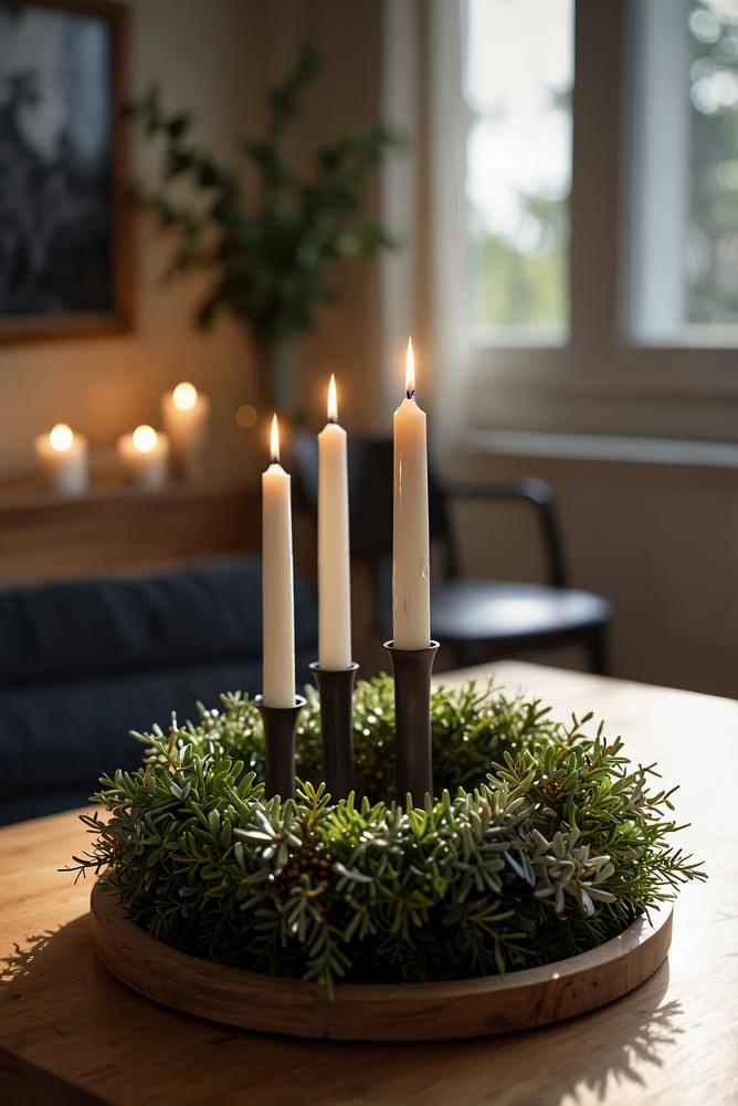 Minimalistischer Adventskranz mit weißen Kerzen auf Holztablett