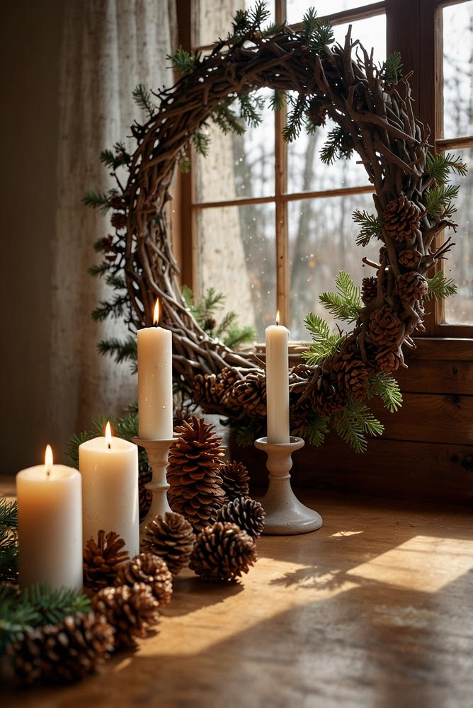 Heller nachhaltiger Adventskranz aus Kiefernzapfen und Zimt