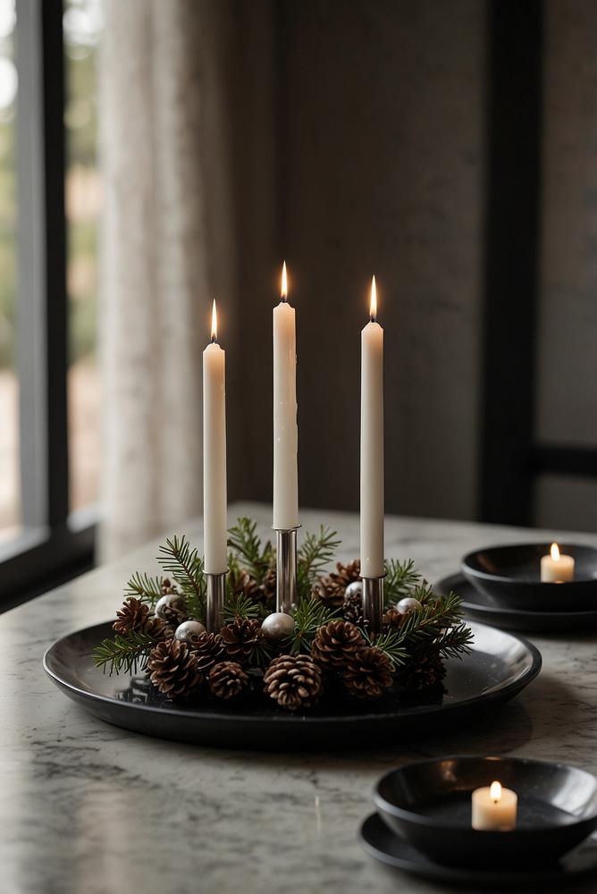 Minimalistischer Adventskranz mit LED-Kerzen auf schwarzem Marmor